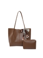 Dark brown tote bag set with matching pouch and geometric silk scarf handle detail - Tote Bag And Pouch / Brown