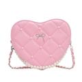 Pink heart-shaped quilted shoulder bag with faux pearl studs and metal bow detail - Pink