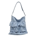 Bolso tote de lona azul claro con diseño de tres volantes y correa de hombro elegante - Azul