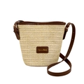 Sac seau en paille beige avec garniture en cuir marron et bandoulière réglable - Kaki