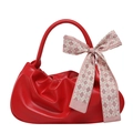 Fashionable red ruched dumpling bag with pink plaid scarf handle and soft PU texture - Red