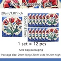 Detail showing 12-piece floral vintage tile stickers set for kitchen wall decoration - Red Tulip Style (ACZ20061)