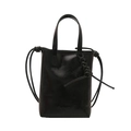 Piccola borsa a mano quadrata nera lucida con manico e decorazioni in corda annodata - Nero