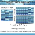 Detailed size chart showing a 12-piece set of blue mosaic tiles measuring 20x20cm each - Blue Brick Texture Style (ACZ20067)
