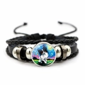 Gevlochten leren armband met glazen hanger in Van Gogh-stijl met een Papillon-hondje - Papillon Patroon (JY008391-6)