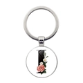Porte-clés lettre I fleurie avec pivoine rose dans un anneau en métal poli brillant - Style Lettre I (JY008388-I)