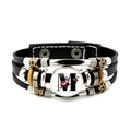 Black leather multilayer bracelet with letter M pendant and vintage flower beads - Letter M Style (JY008386-M)
