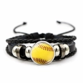 Multilayer braided leather bracelet with yellow baseball design and silver metal beads - Yellow Softball (JY008460-2)