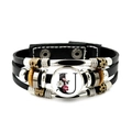 Black multilayer leather bracelet featuring letter U glass cabochon and floral motifs - Letter U Style (JY008386-U)