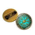 Antike Wikinger Vegvisir Kompass Brosche mit Runen und Valknut Symbol aus Bronze - Blauer Valknut Stil (JY008468-3)