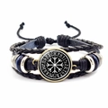 Vintage Wikinger Kompass Armband aus schwarzem Leder mit silbernem Runen-Anhänger - Vegvisir Kompass Stil (JY008466-1)