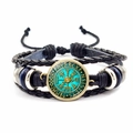 Wikinger Vegvisir Kompass Armband mit schwarzem Ledergeflecht und blauem Glasamulett - Cyan Gradient Kompass Stil (JY008466-3)