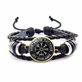 Geflochtenes schwarzes Lederarmband mit Wikinger-Kompass und verstellbarem Seil - Tattoo Stil Kompass Stil (JY008466-4)