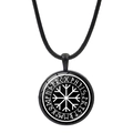 Collier boussole Vegvisir viking avec cordon noir et symboles runiques futhark - Motif Aegishjalmur (JY008478-1)