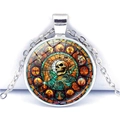 Gothic round pendant necklace with skull stained glass art and silver cross chain - Gold Skull Stained Glass (JY008504-1)
