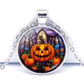 Halloween pumpkin jack-o-lantern glass pendant necklace in silver finish - Jack-o-lantern Stained Glass (JY008504-2)
