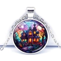 Silver Halloween necklace with colorful ghost castle glass pendant and alloy chain - Haunted Mansion Castle (JY008504-3)