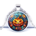 Silver Halloween necklace featuring a stained glass style pumpkin lantern pendant - Halloween Pumpkin (JY008504-5)