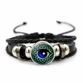 Bracelet multicouche en cuir tressé avec breloque œil bleu et perles argentées - Style Mauvais Œil Bleu Vert Noir (JY008519-2)