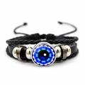 Men's braided leather bracelet with blue evil eye charm and silver beads in black - Blue Ripple Evil Eye Style (JY008519-5)