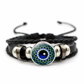 Braided leather Eye of Horus bracelet for men featuring blue glass evil eye charm bead - Blue Green Radial Eyeball Style (JY008519-6)