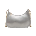 Silver metallic crescent hobo bag with gold chain strap and top zipper closure - Silver