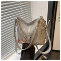 Silver wrinkled shoulder bag with metallic butterfly pendant and chain strap detail - Silver