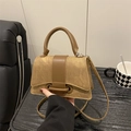 Chic tan canvas mini square bag with dark brown leather trim and metal ring detail - Brown