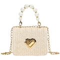 Straw flap square bag with pearl handle, golden heart lock, and metal chain strap - Beige White Small