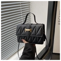 Detail of black quilted leather crossbody bag with gold H-buckle and top handle - Black