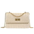 Beige woven straw shoulder bag with V-shaped texture and golden chain strap - Beige White Large