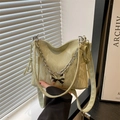 Sage green ruched shoulder bag with silver butterfly chain and adjustable strap - Green