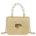 Straw square crossbody bag with pearl handle and golden heart clasp in beige straw color - Khaki Small