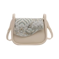 Beige crossbody square bag with oriental jacquard flap and gold hardware on white background - White