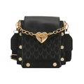 Bolso bandolera de moda en cuero PU negro con cierre de corazón dorado y patrón de M - Negro