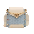 Bolso bandolera azul y beige con patrón de monograma y cierre de corazón dorado - Blanco