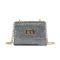 Elegant dark grey sequin square clutch with gold chain strap and metallic twist lock - Silver