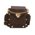 Brown vintage small square bag with M-letter print, heart pendant and wide shoulder strap - Coffee