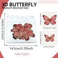 Size chart for 3D gold-stamped butterfly wall decals showing 12-piece set dimensions - Pink Purple with Gold Border (PY18006)