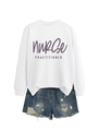 Flat lay of white Nurse Practitioner sweatshirt paired with distressed denim shorts - S / White