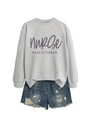 Flat lay of gray Nurse Practitioner sweatshirt with blue distressed denim shorts - S / Gray