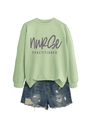 Detail of Nurse Practitioner print on mint green sweatshirt with distressed denim shorts - S / Olive Green