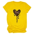 Detail of yellow cotton T-shirt featuring a leopard print heart and Love script design - S / Yellow