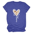 Detailed view of heart leopard print and love script on dark blue crew neck t-shirt - S / Vintage Blue