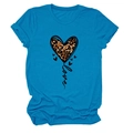 Detailed close-up of leopard heart print and Love typography on blue cotton t-shirt - S / Lake Blue