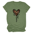 Close-up of green crew neck T-shirt featuring a leopard print heart and Love text detail - S / Olive Green