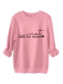 Detailed view of Not Made For Winter print and small heart on pink crewneck sweatshirt - S / Peach