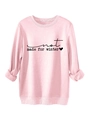 Detail of pink fleece sweatshirt featuring not made for winter text and heart print - S / Pink