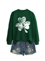 Detail of green crewneck sweatshirt with white shamrock and ripped denim shorts set - S / Dark Green (White Shamrock Print)