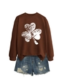 Detailed shot of dark coffee sweatshirt with white shamrock print and distressed denim shorts - S / Coffee (White Shamrock Print)
